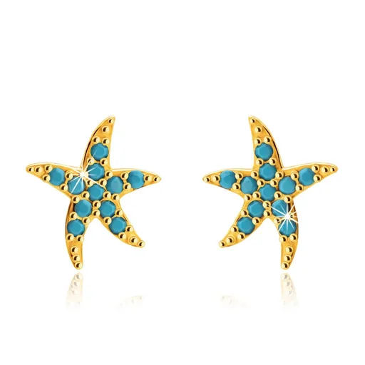 Puzetové náušnice zo žltého 14K zlata, nepravidelná hviezda, tyrkysové bodky