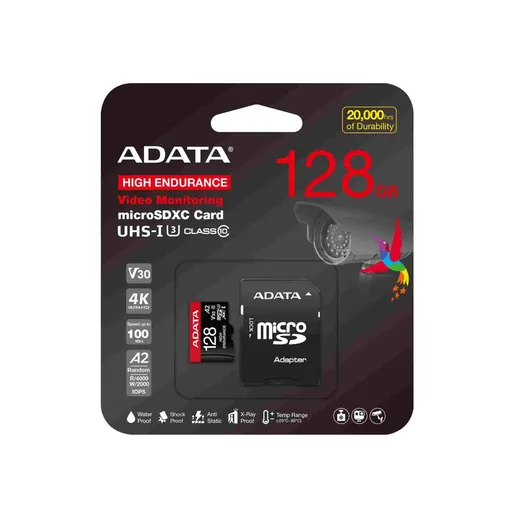 ADATA MicroSDXC karta 128 GB High Endurance UHS-I C10 V30 A2 (R: 100/W: 85 MB/s) + SD adaptér