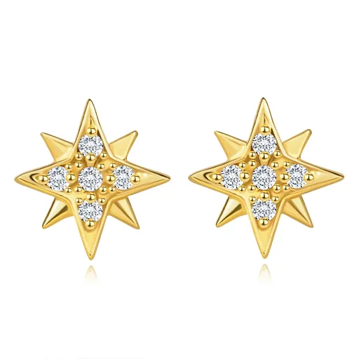 Náušnice v žltom 585 zlate - asymetrická hviezda, číre zirkóny, puzetky