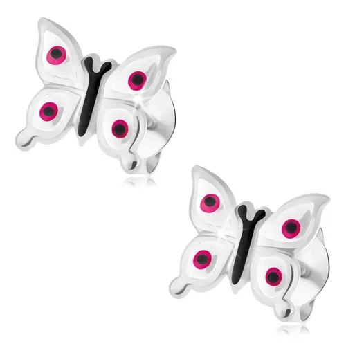Náušnice zo striebra 925, lesklé biele motýliky - ružové a čierne bodky