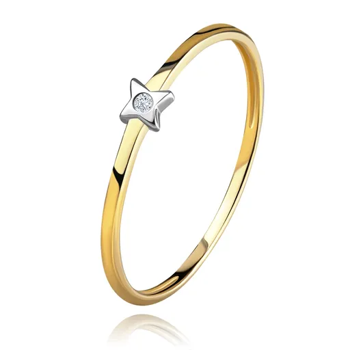 Dvojfarebný zlatý prsteň 585 - hviezdička s čírym briliantom, tenké ramená - Veľkosť: 53 mm