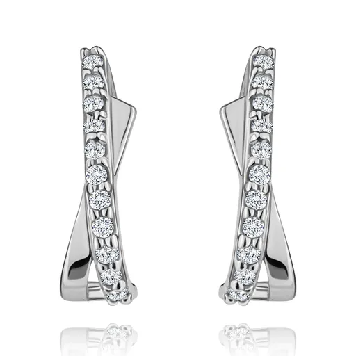 Náušnice z bieleho 14K zlata - slučka zahnutá do oblúka, číre zirkóny