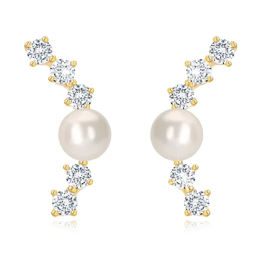 Náušnice zo žltého 14K zlata - oblúk z čírych zirkónov, lesklá biela perlička