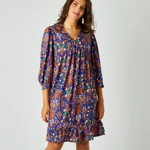 Rovné šaty s 3/4 rukávmi a potlačou, krep