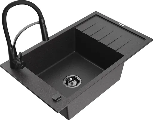 MEXEN/S MEXEN/S - Elias granitový drez 1 s odkvapkávačom vrátane batérie Aster, čierna kropenatá 6511-76-73450-70-B