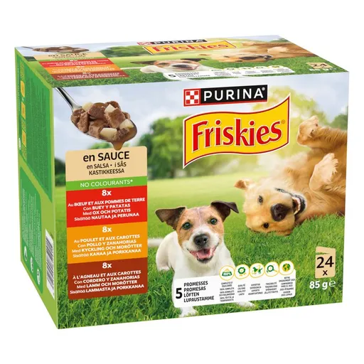 Friskies Adult hovadzie a zemiaky kura a mrkva jahňa a mrkva šťava 24 x 85 g