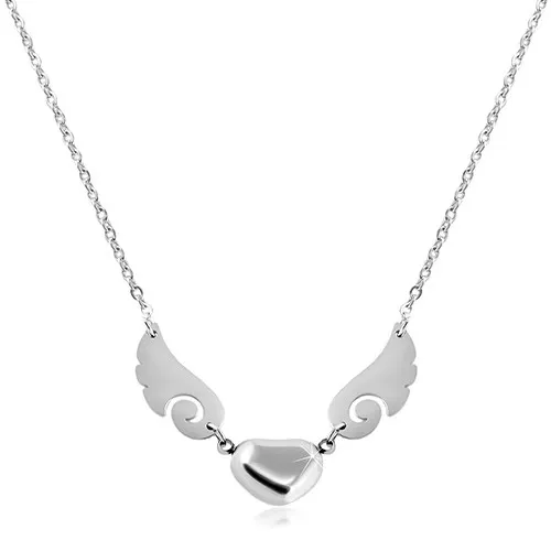 Náhrdelník striebornej farby, oceľ 316L, lesklé srdiečko s anjelskými krídlami