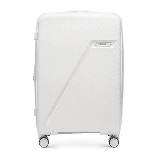 Stredný polypropylénový kufor s diagonálnymi pruhmi, biely a strieborný 56-3T-502-89