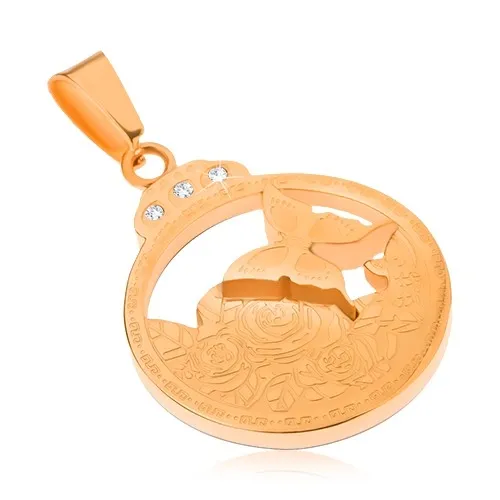 Gravírovaný oceľový prívesok zlatej farby, motýľ, kvety, číre zirkóny