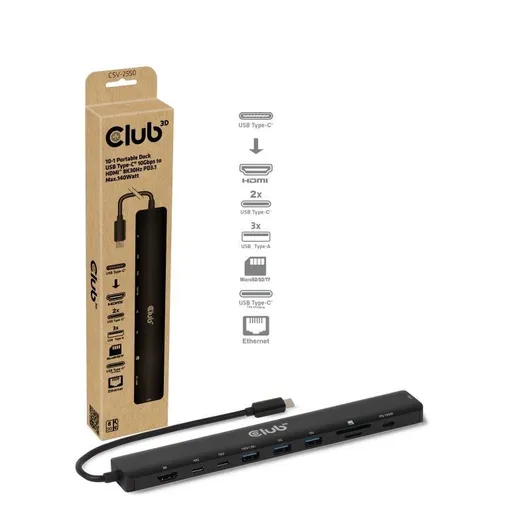 Club3D Dokovacia stanica USB-C 10v1, 140W PD, 1xHDMI, 3xUSB-C, 3xUSB, 1xRJ45, čierna