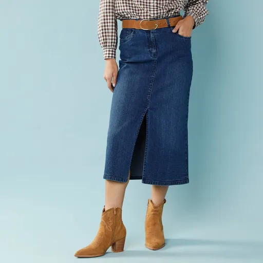 Džínsová midi sukňa pre nižšiu postavu