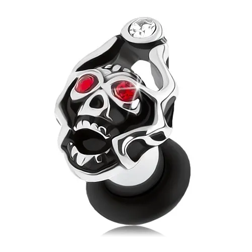 Plug do ucha z ocele 316L, lebka s korunou, zirkóny červenej a čírej farby - Hrúbka: 3 mm