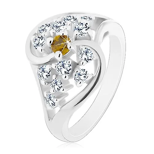 Lesklý prsteň so zvlnenými ramenami striebornej farby, číre a zelené zirkóny - Veľkosť: 54 mm