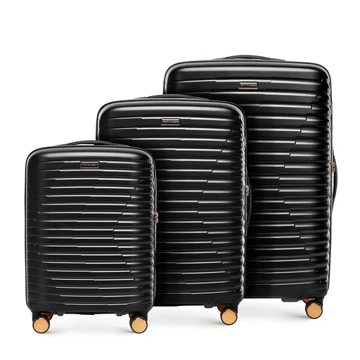 Súprava kufrov z čierneho a zlatého polykarbonátu s horizontálnym rebrovaním 56-3P-61S-10G