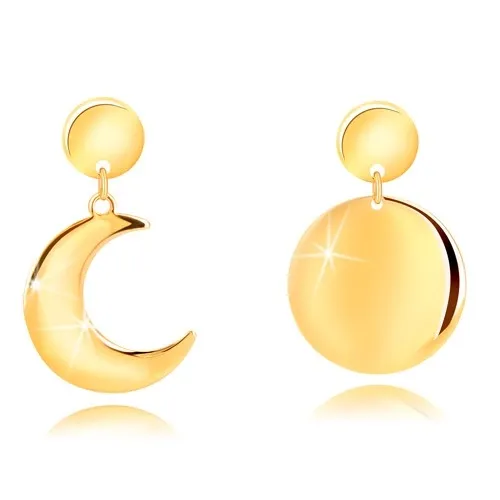 Náušnice zo striebra 925 v zlatom odtieni - polmesiac a mesiac v splne, puzetky