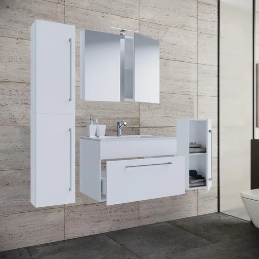 VCM 5dílná stojící umyvadlová skříňka Badinos 1 zásuvka 60 cm se zrcadlem, střední a vysokou skříňkou, bílá