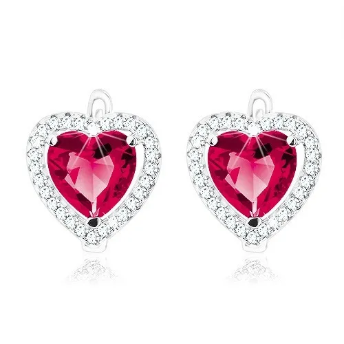 Náušnice zo striebra 925, tmavoružové srdce v čírej zirkónovej kontúre