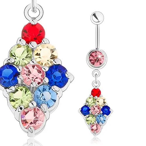 Piercing do pupka, chirurgická oceľ, kosoštvorec vykladaný farebnými zirkónmi