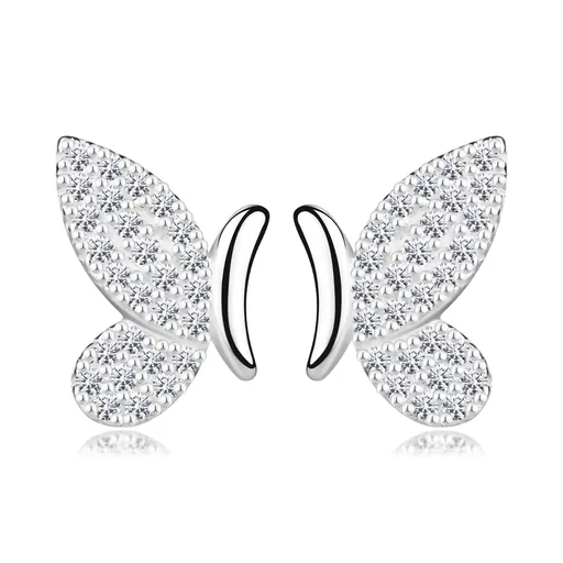 Strieborné 925 náušnice - motýľ, hladké telo, krídla s čírymi zirkónmi