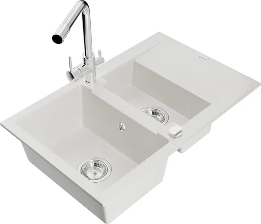 MEXEN/S MEXEN/S - Gaspar granitový drez 1.5 s odkvapkávačom vrátane batérie Duero, biela 6507-20-671600-00