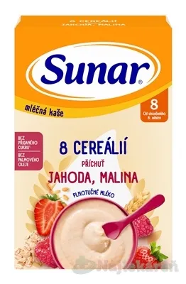 SUNAR mliečna KAŠA 8 CEREÁLIÍ jahoda, malina 8m+ 210 g