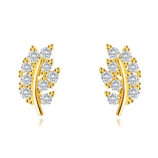 Puzetové 9K náušnice - lístok vykladaný trblietavými okrúhlymi čírymi zirkónmi