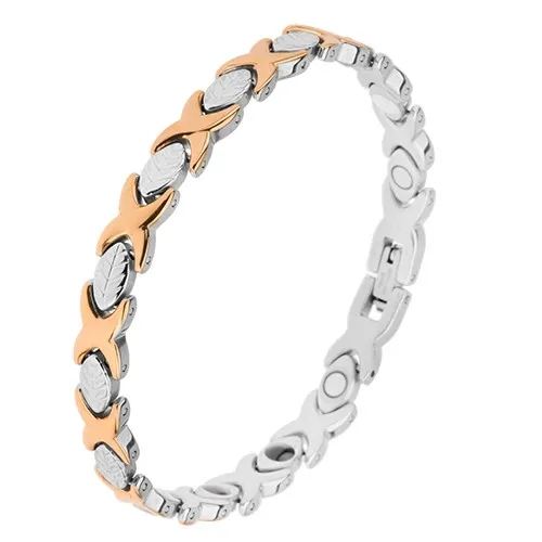 Oceľový náramok striebornej a zlatej farby, články "X", lístky, magnety