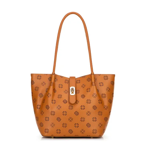 Dámske puzdro z ekokože s reliéfnym podpisom veľké svetlohnedé 101-4Y-P01-5