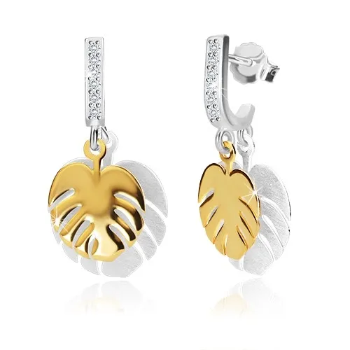 Strieborné náušnice 925 - dvojfarebné prívesky s motívom listu "Monstera", zirkónová línia