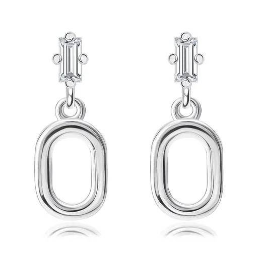 Puzetové náušnice z 925 striebra - obdĺžnikový zirkón, kontúra oválu