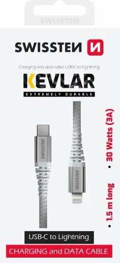 SWISSTEN DÁTOVÝ KÁBEL KEVLAR USB-C / LIGHTNING 1,5 M BIELÝ
