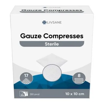 LIVSANE Sterilné gázové tampóny kompres 10x10cm, 25x2 (50ks)