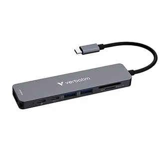 Verbatim 32158, USB-C viacportový rozbočovač Essentials 7-port, 32158, sivý, dĺžka kábla 18cm, USB-C 3.2 Gen 1, USB-C PD, 2 x USB-A 3.2