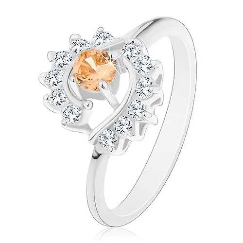 Prsteň v striebornom odtieni, svetlooranžový zirkón, číre zirkónové oblúky - Veľkosť: 54 mm, Farba: Svetlooranžová