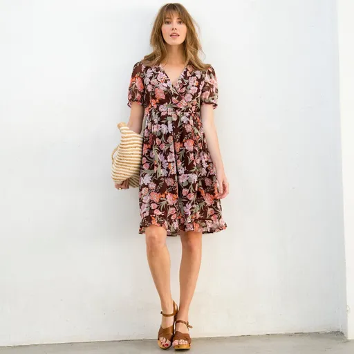 Voálové šaty so zavinovacím výstrihom a potlačou