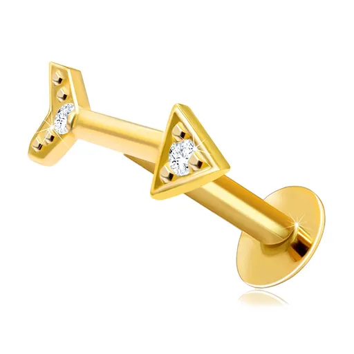 Piercing do pery a brady z 9K žltého zlata - motív šípu čírymi zirónikmi