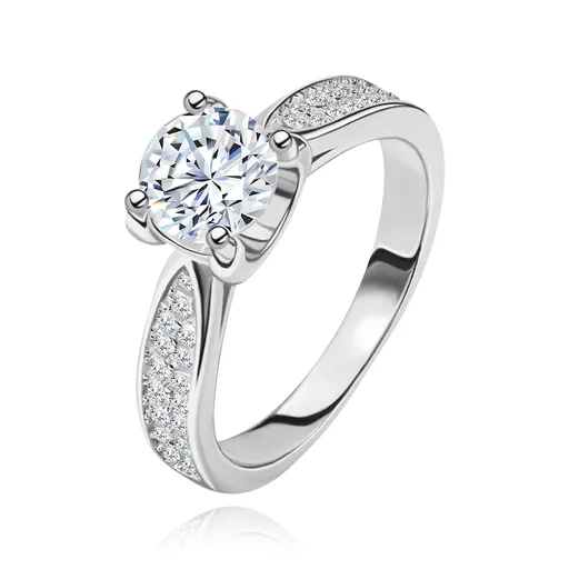 Zásnubný prsteň, striebro 925, zúžené ligotavé ramená, okrúhly zirkón - Veľkosť: 51 mm