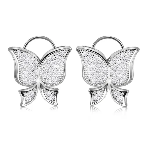 Strieborné náušnice 925, ródiované, motýľ so zaoblenými krídlami, číre zirkóniky