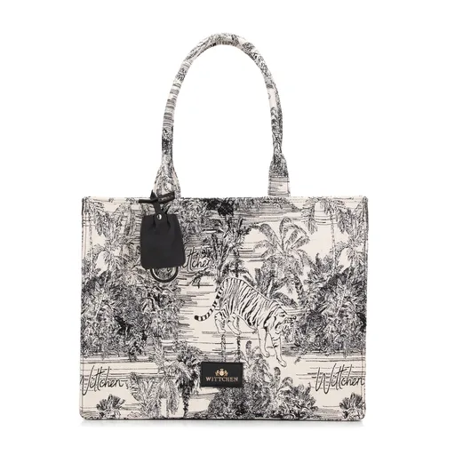 Dámska žakárová shopper kabelka so vzorom čierno-krémová 99-4E-500-X2