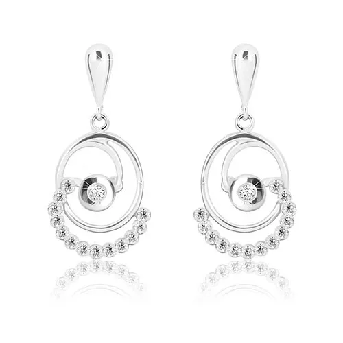 Náušnice v bielom zlate 375 - obrátená kvapka, ovál s oblými líniami a zirkóny