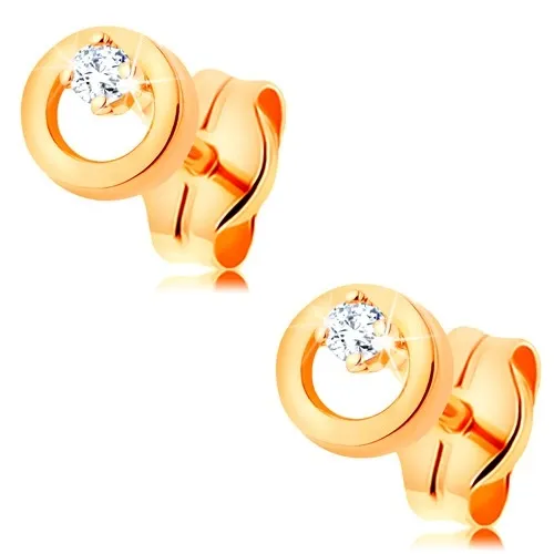 Náušnice zo žltého zlata 585 - žiarivý číry diamant v malej lesklej obruči