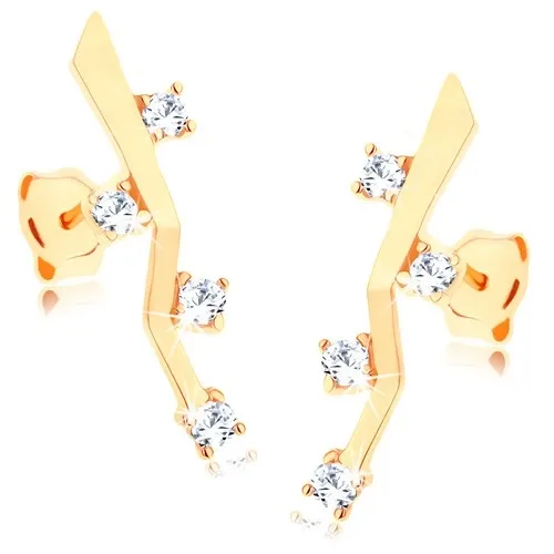 Zlaté náušnice 14K so zalomenou líniou a čírymi zirkónmi