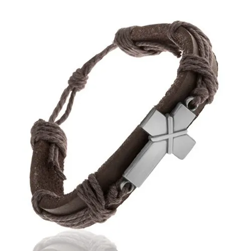 Kožený náramok tmavohnedej farby, patinovaný kríž s prekríženými pásikmi