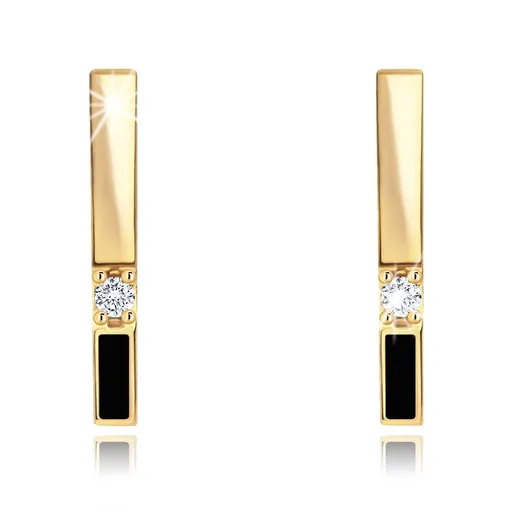 Náušnice zo žltého 14K zlata - zvislý pásik so zirkónom a čiernou glazúrou