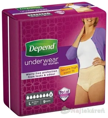 DEPEND SUPER L pre ženy naťahovacie nohavičky, obvod bokov 95-130cm, 9ks