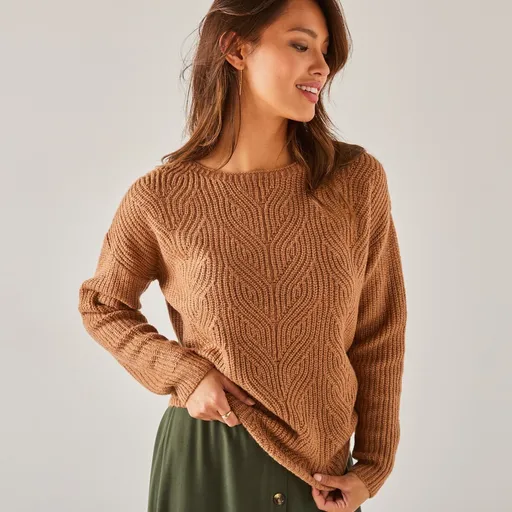 Pulóver z úpletu so vzorom, pre
		nižšiu postavu