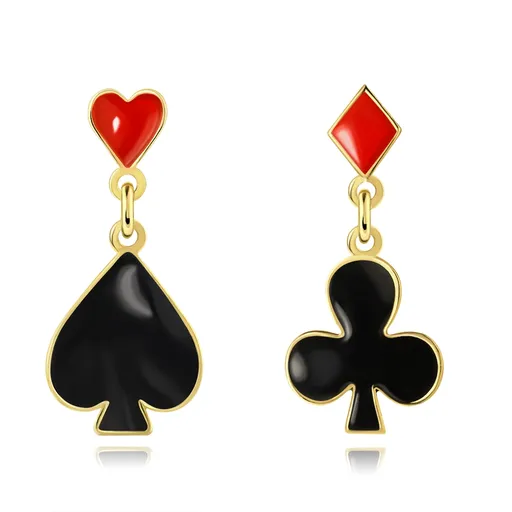 Zlaté náušnice 14K s kartovým motívom v čiernej a červenej farbe