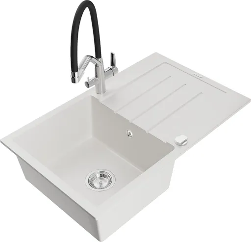 MEXEN/S MEXEN/S - Bruno granitový drez s odkvapkávačom vrátane batérie Duo, biela 6513-20-671701-07