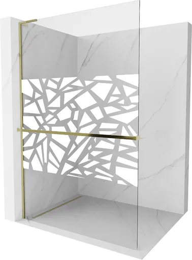 MEXEN/S - Kioto+ L Sprchová zástena WALK-IN s poličkou a držiakom uterákov 110 x 200, biely vzor, zlatá 800-110-123-50-85