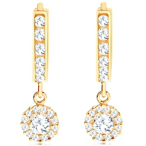 Náušnice v žltom 14K zlate - krúžok s visiacim trblietavým kvietkom